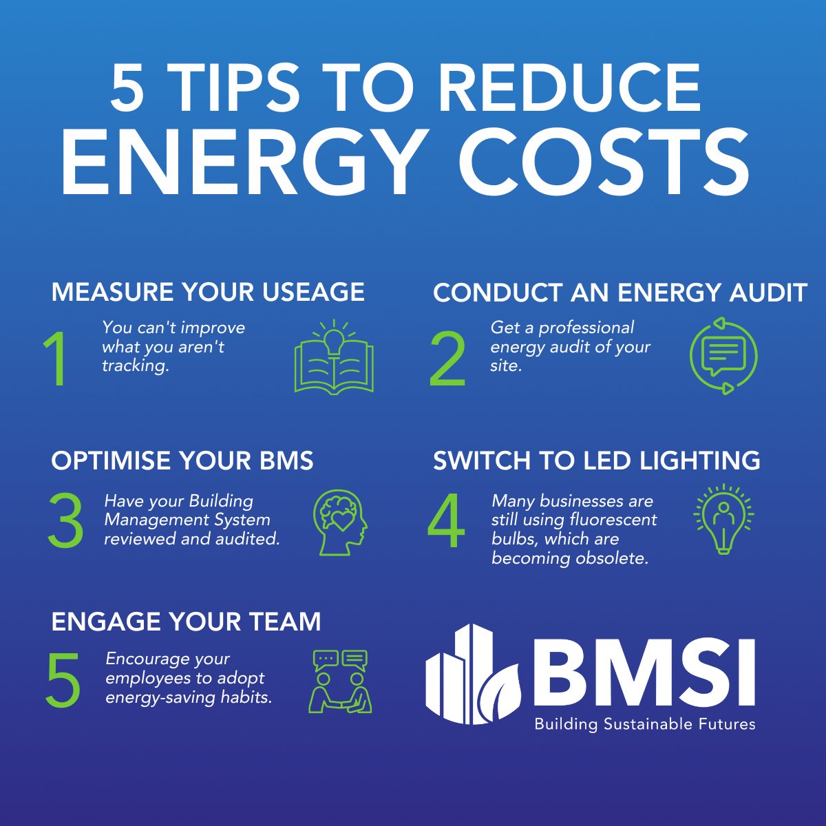 Slash energy bills! 5 tips: Track usage, audit your site, optimise your BMS, switch to LED lighting, and engage your team. #bmsi #bems #energy #energysavings #energymanagement #tips