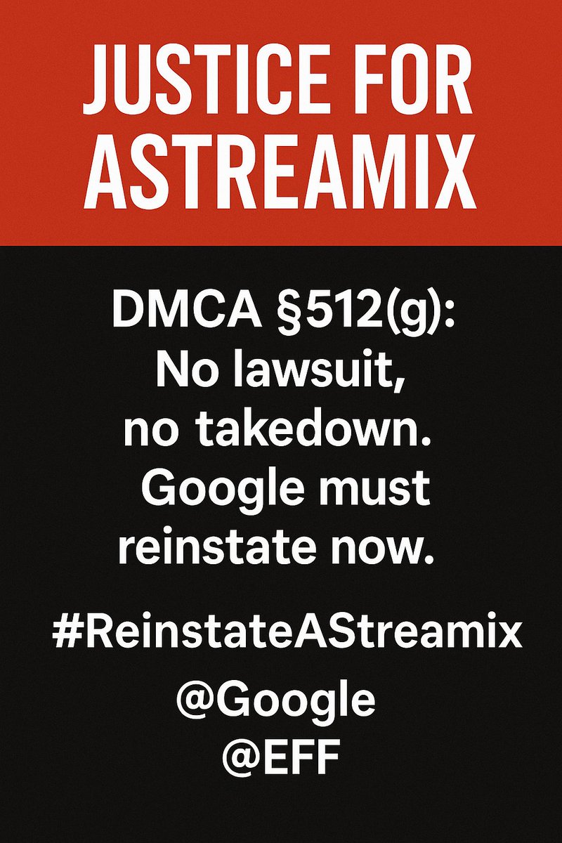 AStreamix's tweet image. DMCA law is clear. No lawsuit = reinstatement. Why is @Google ignoring this? #ReinstateAStreamix
@EFF @PublicKnowledge
@TechCrunch @GooglePlayBiz
#SafeHarborViolation #DevelopersRights
