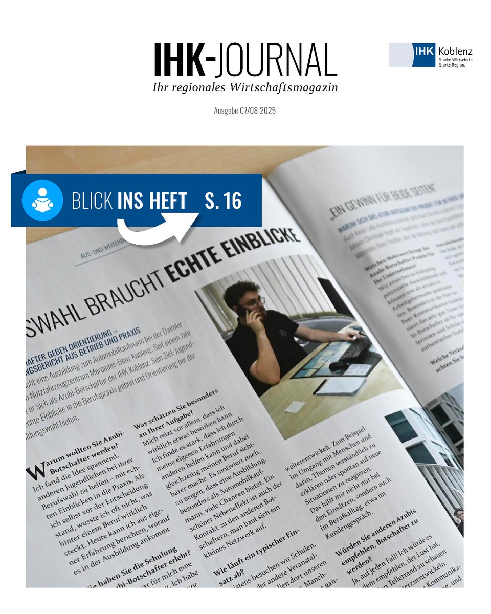 Kevin Leb macht eine Ausbildung zum Automobilkaufmann – und ist gleichzeitig Azubi-Botschafter der IHK Koblenz. Warum er sich engagiert, was er dabei gelernt hat und was das dem Ausbildunsgbetrieb bringt, steht im neuen IHK-Journal.
📖 Jetzt reinblättern: bit.ly/46u8TKX