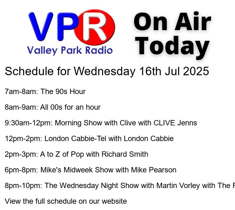 📻 #OnAir today:
🕖 7am: One hour of back to back hits from the 90s.
🕗 8am: All 00s for an hour
🕤 9:30am: Morning Show with Clive with Morning Show 9.30-12 weekdays
Sponsored by 

🕛 12pm: L...

#HospitalRadio #OnAir #ListenLocal #ValleyParkRadio

bit.ly/vprweb