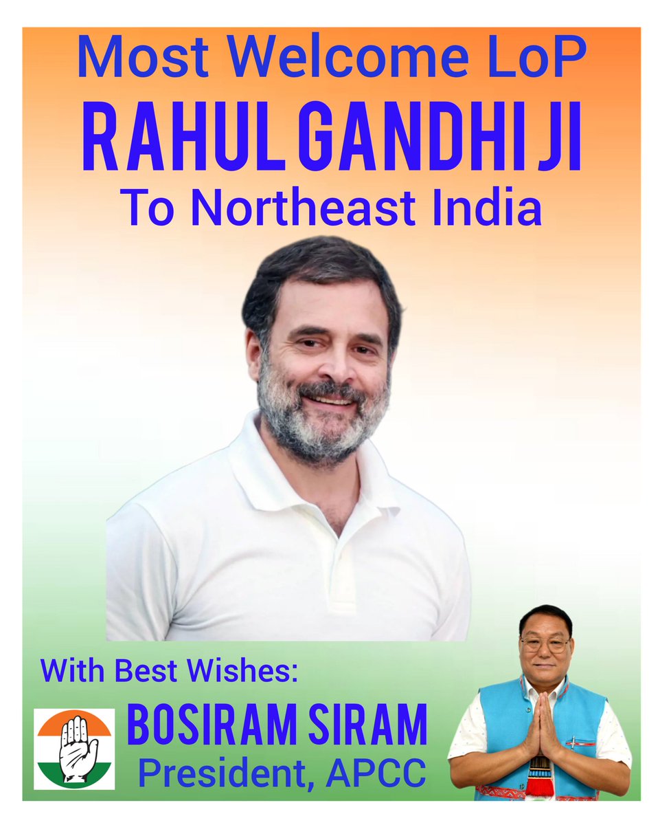 Arunachal Congress (@incarunachal) on Twitter photo Welcome to our great leader LoP Shri <a href="/RahulGandhi/">Rahul Gandhi</a> ji to Assam & North East India.
Your maiden visit in Assam & leading the Congress Programs in Assam will bring hope and strength to the people of Assam and to the entire North East Indian people.
:<a href="/Bosiram_Siram/">Bosiram Siram</a>
President, APCC Welcome to our great leader LoP Shri <a href="/RahulGandhi/">Rahul Gandhi</a> ji to Assam & North East India.
Your maiden visit in Assam & leading the Congress Programs in Assam will bring hope and strength to the people of Assam and to the entire North East Indian people.
:<a href="/Bosiram_Siram/">Bosiram Siram</a>
President, APCC