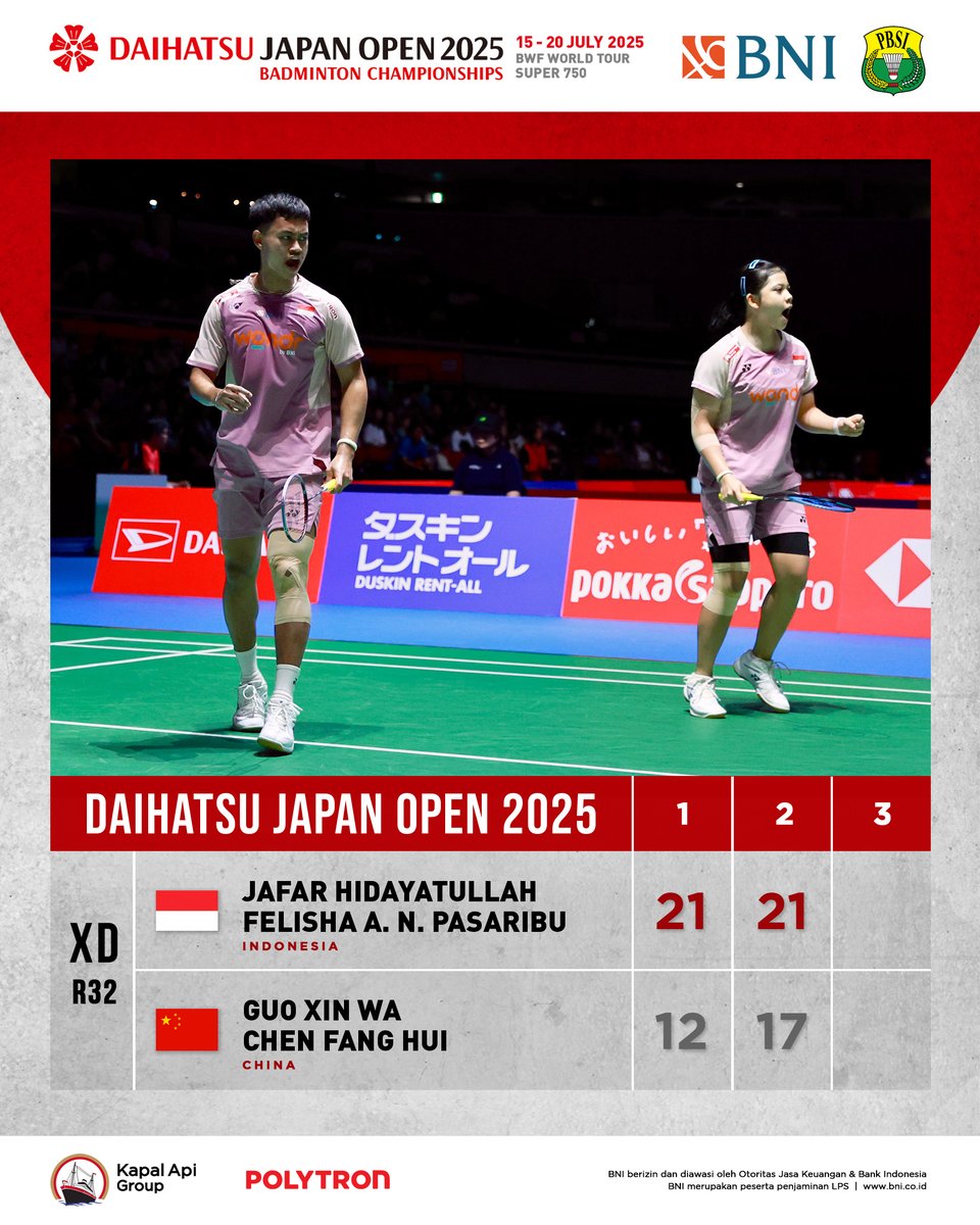 BADMINTON INDONESIA (@inabadminton) on Twitter photo Jafar/Felisha sukses revans atas juara All England 2025.
On fire! ๐ฅ
#BadmintonIndonesia #JapanOpen2025 Jafar/Felisha sukses revans atas juara All England 2025.
On fire! ๐ฅ
#BadmintonIndonesia #JapanOpen2025