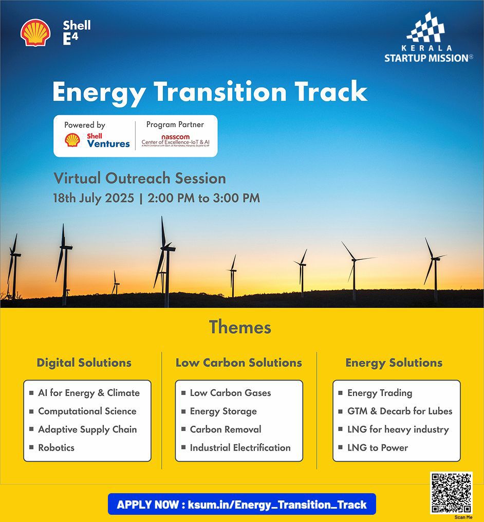 startup_mission's tweet image. Kerala Startup Mission hosts a Virtual Ask Me Anything session with Shell E4, focusing on IoT &amp;amp; AI. 
🔗 Register for the AMA: ksum.in/Energy_Transit…
🔗 Apply to Shell E4: E4 | About Us

Let’s build the future of energy – together.

#ShellE4 #EnergyInnovation