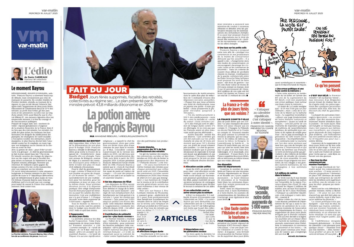 💬 Toujours plus d’efforts demandés aux Français.
Mais jamais de courage sur les vraies réformes.

🔻 Supprimer des jours fériés ? Une faute contre l’Histoire.
🔻 Taxer davantage les retraités ? Une injustice.
🔻 Asphyxier les collectivités ? Une absurdité.