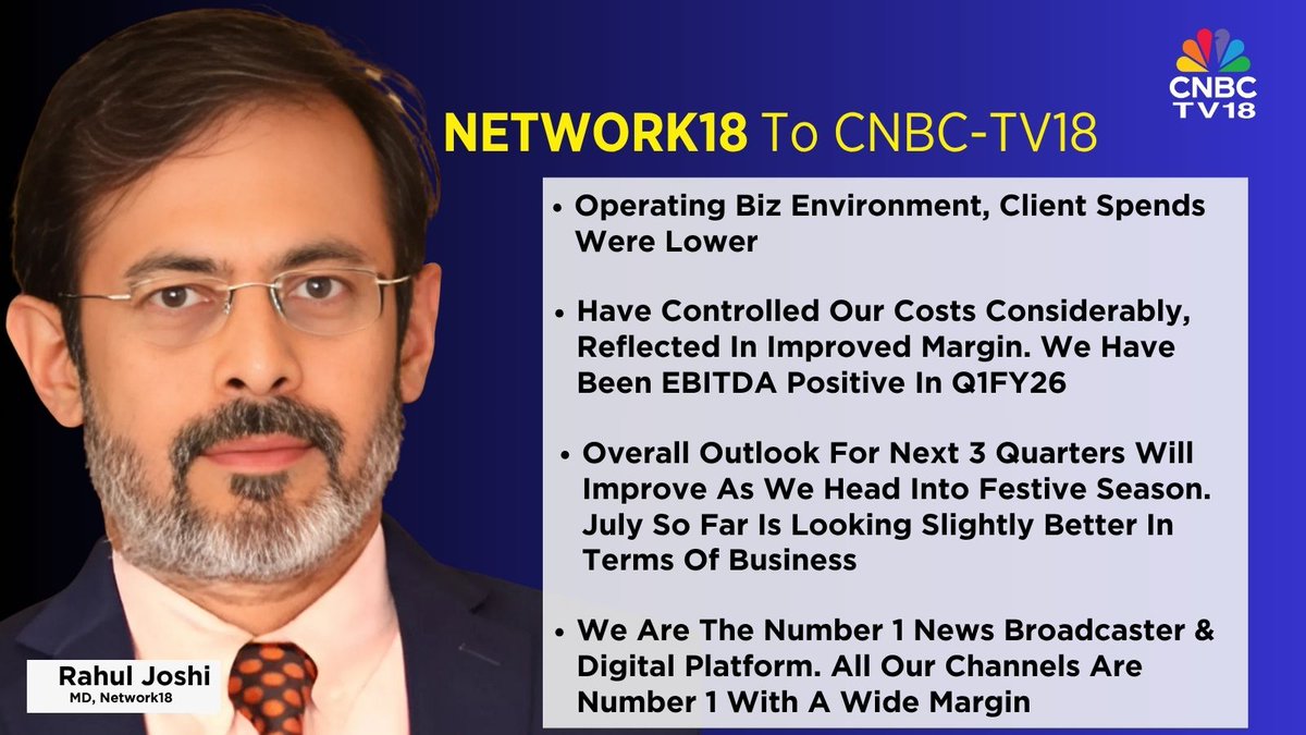 CNBCTV18Live's tweet image. #OnCNBCTV18 | 'Have controlled our costs considerably and it was reflected in our margin,' says Rahul Joshi of #Network18 

Company adds, July so far is looking slightly better in terms of business. Also, all the channels are Number 1 with a wide margin