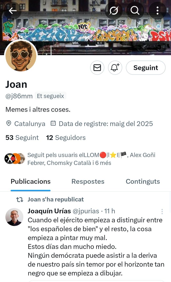 Joan <a href="/j86mm/">Joan</a> fa tot just dos mesos que ha obert perfil; en va perdre un abans 
Si el seguim i fem Rt l'ajudarem que pugui interactuar amb més contactes i ell ens seguirà 🙋
Gràcies ❤️