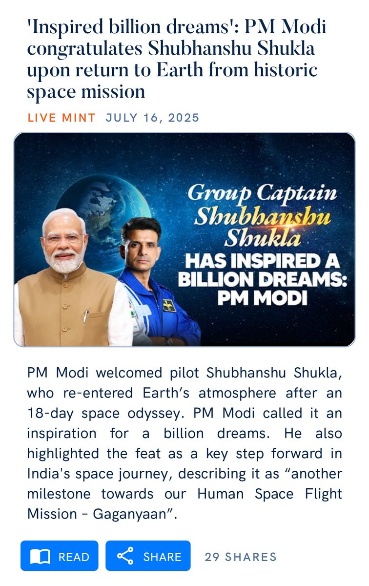 'Inspired billion dreams': PM Modi congratulates Shubhanshu Shukla upon return to Earth from historic space mission
livemint.com/news/inspired-…

via NaMo App