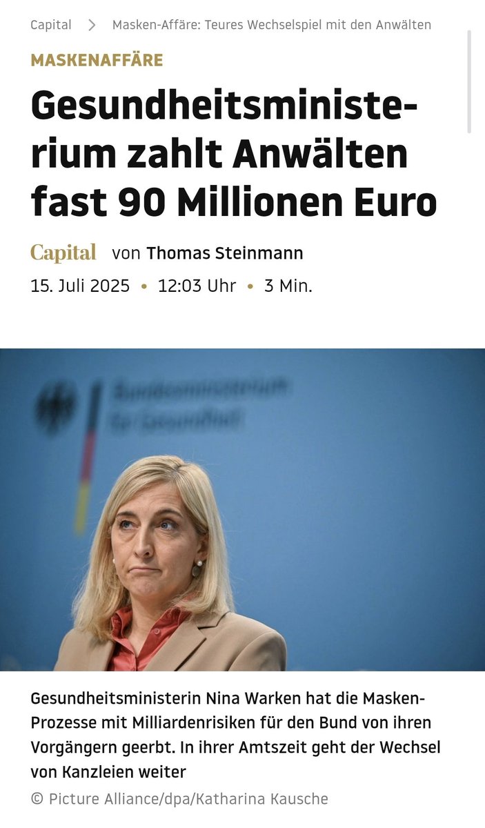 Die von Jens 2020 (!) bestellten, aber dann nicht bezahlten Masken (Open-House-Verfahren), kosteten den Bund allein an Anwaltskosten bisher schon 88 Millionen Euro! 

stern.de/capital/masken…