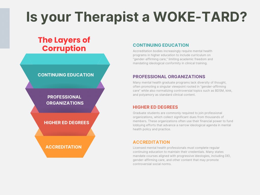 Rebecca_LPC's tweet image. Is your therapist a woke-tard?

Mental health “care” ought to come with a Surgeon General’s warning label, something like: “CAUTION: Those who might be struggling in life, may suffer permanent brain fog from so-called experts planting phony memories, rebranding everyday hiccups…