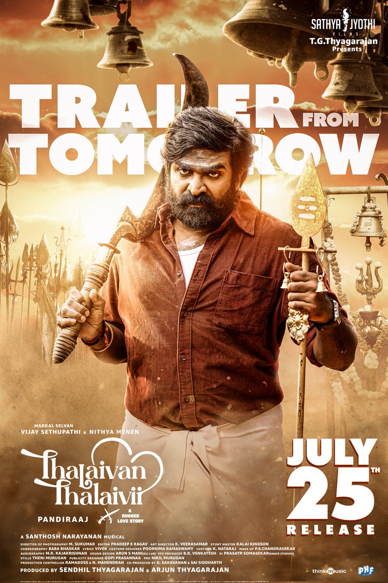 Sathya Jyothi Films (@sathyajyothi) on Twitter photo Action-um iruku, Kadhal-um deep ah iruku… 🔥❤️
#ThalaivanThalaivii Tharamana family entertainer ready to serve you from July 25th!💥
Trailer from tomorrow
#ThalaivanThalaiviiFromJuly25
<a href="/VijaySethuOffl/">VijaySethupathi</a> <a href="/MenenNithya/">Nithya Menen</a> <a href="/pandiraaj_dir/">Pandiraaj</a> <a href="/Music_Santhosh/">Santhosh Narayanan</a> <a href="/PradeepERagav/">Pradeep E Ragav</a> <a href="/studio9_suresh/">RK SURESH</a> Action-um iruku, Kadhal-um deep ah iruku… 🔥❤️
#ThalaivanThalaivii Tharamana family entertainer ready to serve you from July 25th!💥
Trailer from tomorrow
#ThalaivanThalaiviiFromJuly25
<a href="/VijaySethuOffl/">VijaySethupathi</a> <a href="/MenenNithya/">Nithya Menen</a> <a href="/pandiraaj_dir/">Pandiraaj</a> <a href="/Music_Santhosh/">Santhosh Narayanan</a> <a href="/PradeepERagav/">Pradeep E Ragav</a> <a href="/studio9_suresh/">RK SURESH</a>