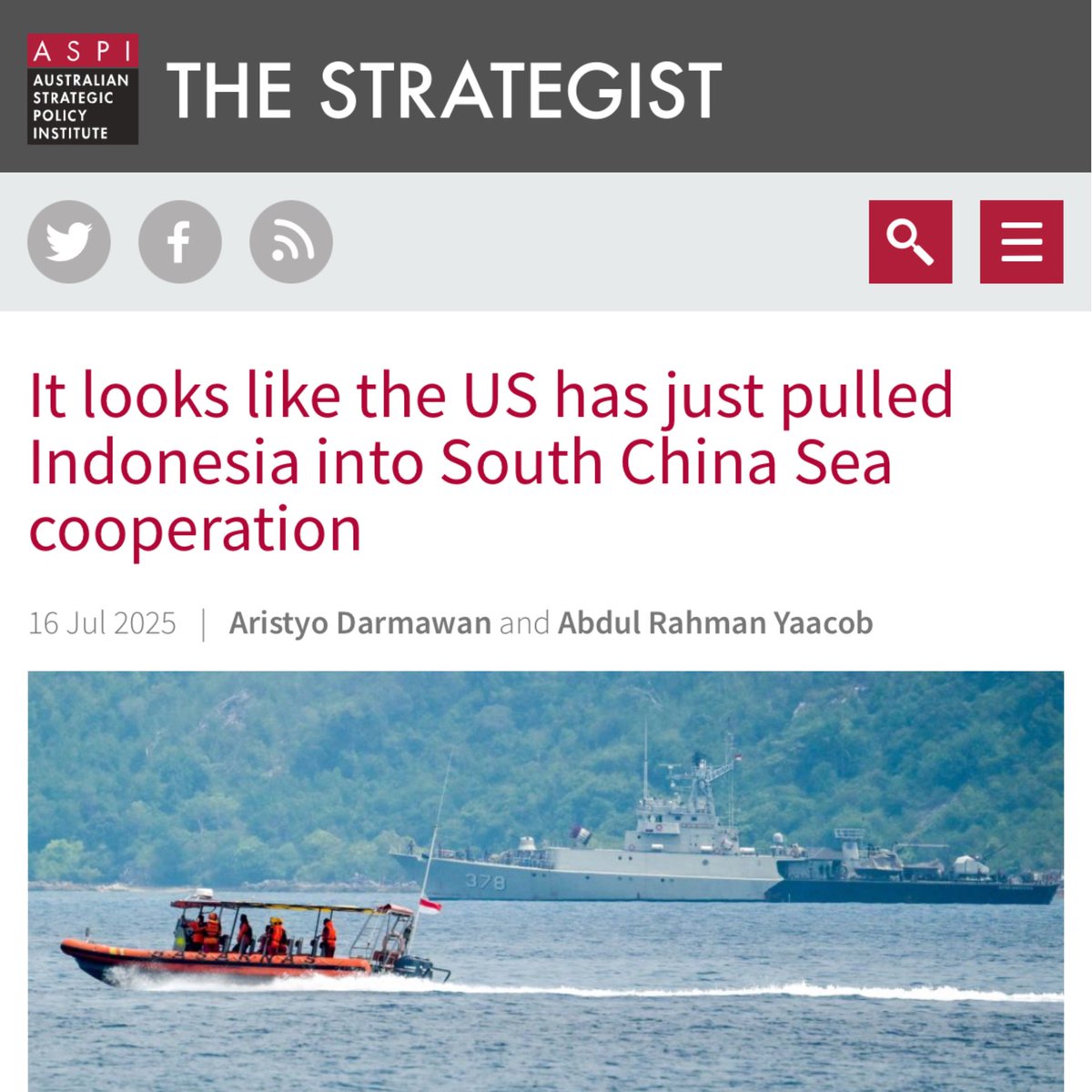 Has Indonesia just promised closer security cooperation with the United States in the South China Sea in return for tariff concessions? There are strong reasons to think so. Check out my latest with Dr Abdul Rahman Yaacob, PhD (<a href="/LowyInstitute/">The Lowy Institute</a>) <a href="/ASPI_org/">ASPI</a> 

lnkd.in/gF4kmEpP