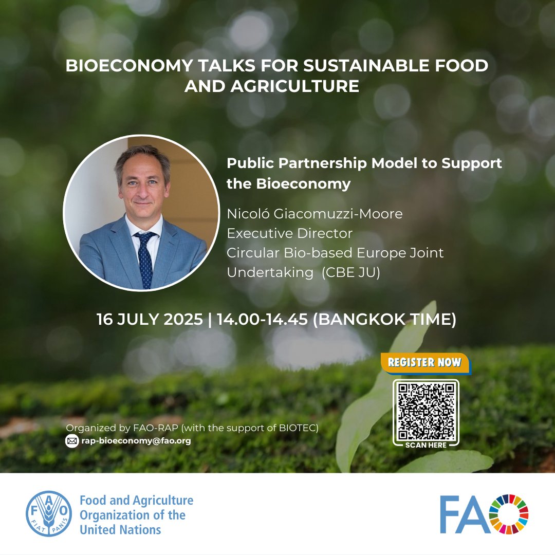 CBE_JU's tweet image. 🌿Join us at 9:00 CET for the @FAO Bioeconomy Talk for Sustainable Food & Agriculture.
Our Executive Director will explain how our PPP model supports the shift from fossil-based materials to circular #biobased production processes, essential to achieving the #EU climate goals.