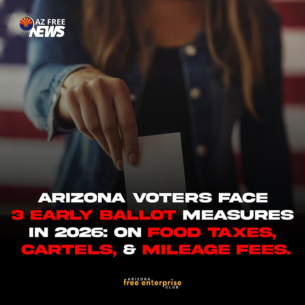 azfec's tweet image. With over a year to go, Arizona voters are set to decide on three major constitutional amendments and this is just the beginning.
1. Food Tax Limits
Cities must get voter approval before adding or increasing grocery taxes.
2. No Mileage-Based Vehicle Fees
Protecting your…