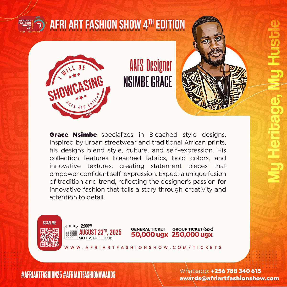 #DESIGNER_HIGHLIGHTS

Afri Art Fashion Show 2025

Grace Nsimbe specializes in Bleached style designs.  Inspired by urban streetwear and traditional African prints, his designs blend style, culture, and self-expression. 
His collection features bleached fabrics, bold colors, and