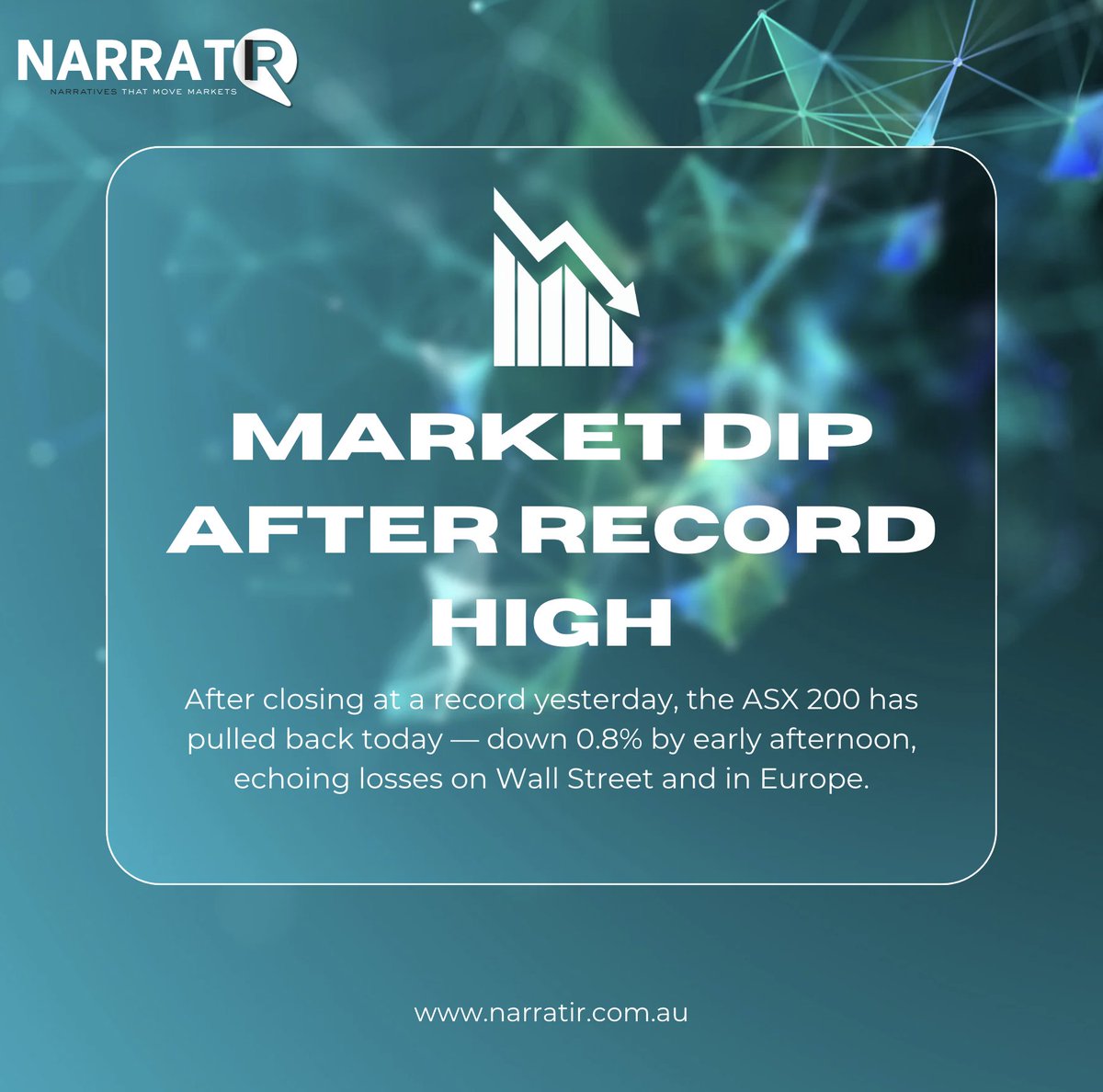 NarratIR's tweet image. 📉 Market dip after record high: the @ASX 200 has pulled back today — down 0.8% by early afternoon, echoing losses on Wall Street and in Europe.
⛏️ Miners are under pressure, with @bhp (-1.2%) falling on lower iron ore prices. But @RioTinto has held up better after a solid…