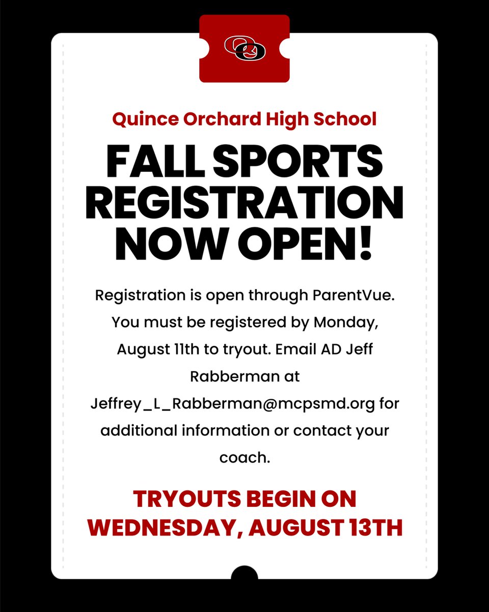 Quince Orchard Athletics (@qoathletics) on Twitter photo Fall Sports Registration is open! Make sure that you register by August 11th to be eligible to tryout on August 13th! <a href="/QOBoosters/">Quince Orchard Boosters</a> <a href="/QOSportsNet/">QO Sports Network</a> <a href="/QOXCTF/">QO XC/T&F</a> <a href="/QoVolleyball/">Quince Orchard Volleyball</a> <a href="/QOPoms/">Quince Orchard Poms</a> <a href="/QOGS/">QO Soccer</a> <a href="/QOBoysSoccer/">QO Boys’ Soccer</a> @CheerQO <a href="/QOGolf/">Quince Orchard Golf Team</a> <a href="/QO_FOOTBALL/">Quince Orchard Fball</a> <a href="/QOFieldHockey/">QO Field Hockey</a> <a href="/QOBocce/">QOCSports</a> Fall Sports Registration is open! Make sure that you register by August 11th to be eligible to tryout on August 13th! <a href="/QOBoosters/">Quince Orchard Boosters</a> <a href="/QOSportsNet/">QO Sports Network</a> <a href="/QOXCTF/">QO XC/T&F</a> <a href="/QoVolleyball/">Quince Orchard Volleyball</a> <a href="/QOPoms/">Quince Orchard Poms</a> <a href="/QOGS/">QO Soccer</a> <a href="/QOBoysSoccer/">QO Boys’ Soccer</a> @CheerQO <a href="/QOGolf/">Quince Orchard Golf Team</a> <a href="/QO_FOOTBALL/">Quince Orchard Fball</a> <a href="/QOFieldHockey/">QO Field Hockey</a> <a href="/QOBocce/">QOCSports</a>