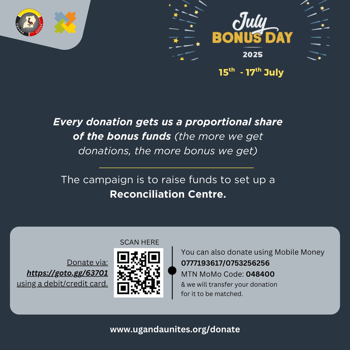 Uganda UNITES (@ugandaunites) on Twitter photo We’re taking part in <a href="/GlobalGiving/">GlobalGiving</a>’s July Bonus Day, and YOUR support can unlock bonus funds to help us build something powerful, a Reconciliation Centre for healing, youth dialogue & peace education in Uganda.
goto.gg/63701 We’re taking part in <a href="/GlobalGiving/">GlobalGiving</a>’s July Bonus Day, and YOUR support can unlock bonus funds to help us build something powerful, a Reconciliation Centre for healing, youth dialogue & peace education in Uganda.
goto.gg/63701