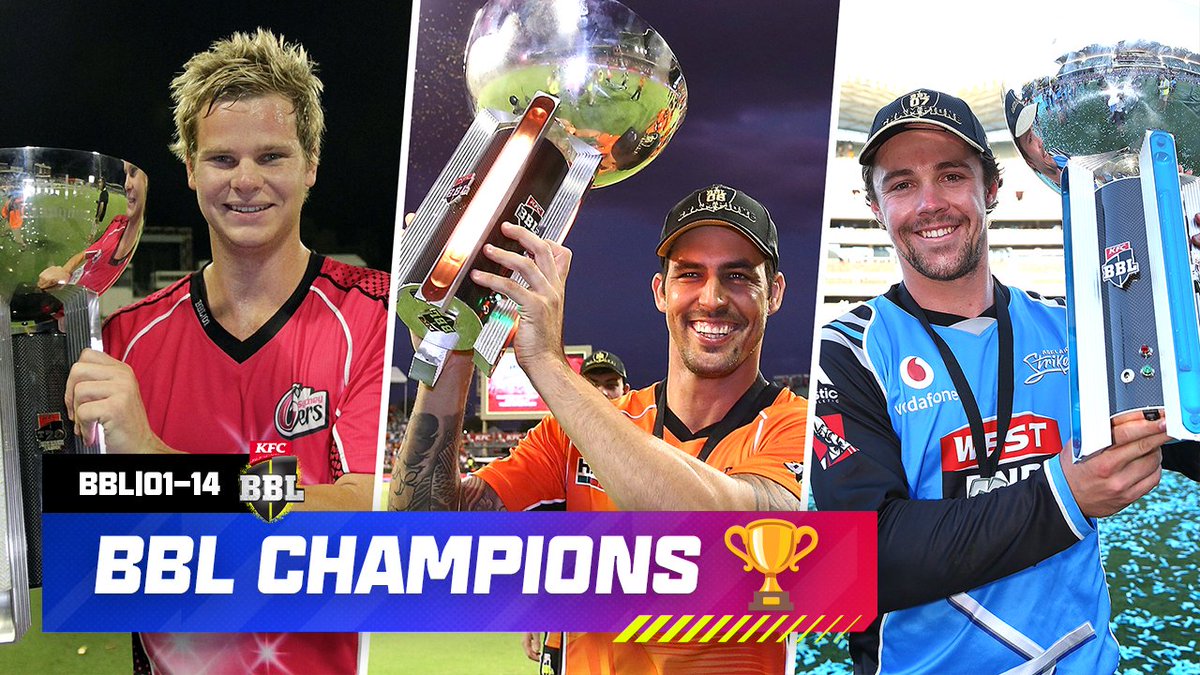 BBL's tweet image. From Steve Smith hitting the winning runs in BBL|01 to the scenes in Hobart after BBL|14, there's nothing quite like winning a Big Bash title 🏆
Relive the final ball of every BBL Final: bigba.sh/bblchamps