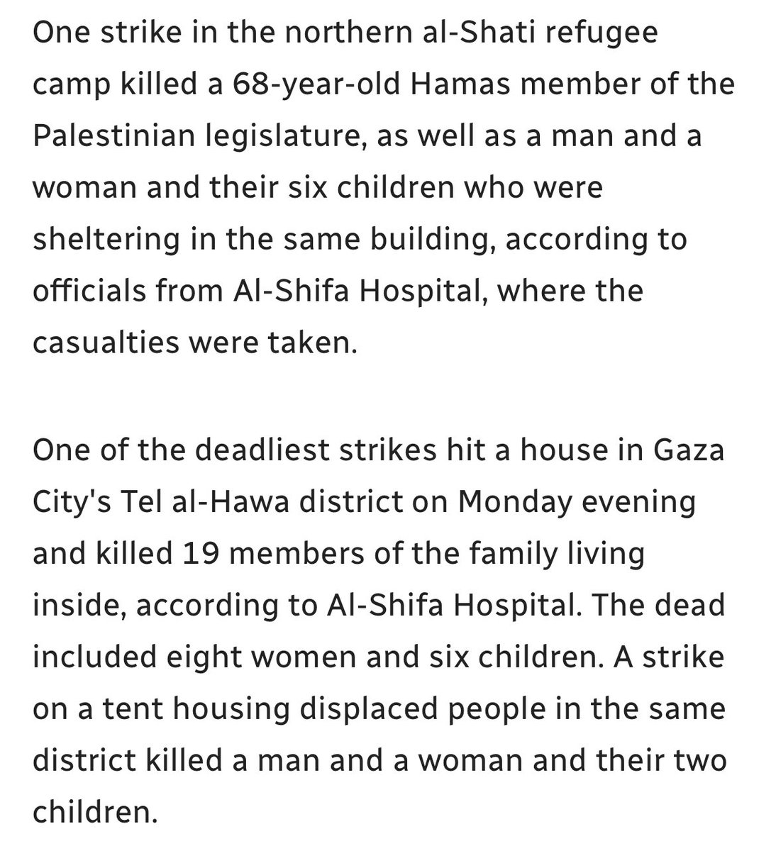 evanhill's tweet image. Another day of Israeli strikes in Gaza. One targets a 68-year-old former Hamas MP and also kills a husband and his wife and their six kids who lived next to him. Another strike kills 19 members of the same family in one building: cbc.ca/news/world/isr…