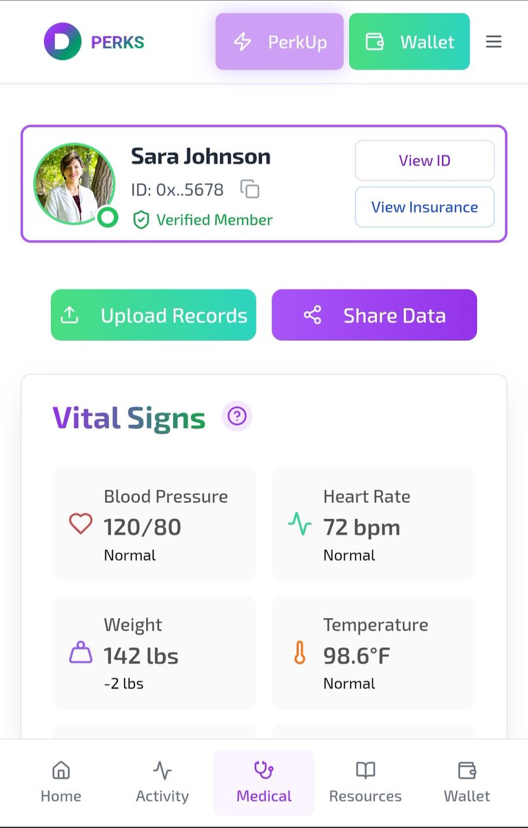 PerksAI's tweet photo. 🔓 Sneak Peek: $PERKS App UI
With PERKS, your health data is secure, portable, and verifiable, powered by @solana $SOL
No more gatekeepers.
You control who sees your records and when, with just a tap.
Healthcare without borders.
#ProofOfHealth #PERKUP #Blockchain https://t.co/NR2rVdJbSA