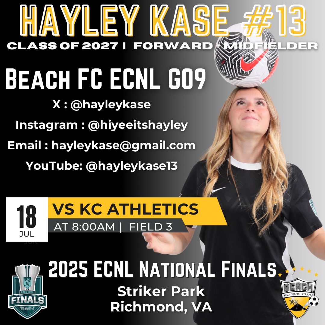 HayleyKase (@hayleykase) on Twitter photo Travel day tomorrow!! Can’t wait to compete at #ecnlfinals in Virginia with my favorite people! Let’s go BEACH!! 💛🖤
<a href="/ECNLgirls/">ECNL Girls</a> <a href="/Beachfutbolclub/">Beach Futbol Club</a> <a href="/antonarrache/">Anton Arrache</a>
<a href="/TopDrawerSoccer/">TopDrawerSoccer</a> <a href="/TheSoccerWire/">SoccerWire</a> <a href="/ImYouthSoccer/">ECNL/GA/Recruiting/College Soccer</a> <a href="/JREskilson/">J.R. Eskilson</a> <a href="/BayAreaSocScout/">Robert Almasin</a> <a href="/AgentNikolai24/">Nikolai Littleton</a> <a href="/travismclark/">Travis Clark</a> Travel day tomorrow!! Can’t wait to compete at #ecnlfinals in Virginia with my favorite people! Let’s go BEACH!! 💛🖤
<a href="/ECNLgirls/">ECNL Girls</a> <a href="/Beachfutbolclub/">Beach Futbol Club</a> <a href="/antonarrache/">Anton Arrache</a>
<a href="/TopDrawerSoccer/">TopDrawerSoccer</a> <a href="/TheSoccerWire/">SoccerWire</a> <a href="/ImYouthSoccer/">ECNL/GA/Recruiting/College Soccer</a> <a href="/JREskilson/">J.R. Eskilson</a> <a href="/BayAreaSocScout/">Robert Almasin</a> <a href="/AgentNikolai24/">Nikolai Littleton</a> <a href="/travismclark/">Travis Clark</a>