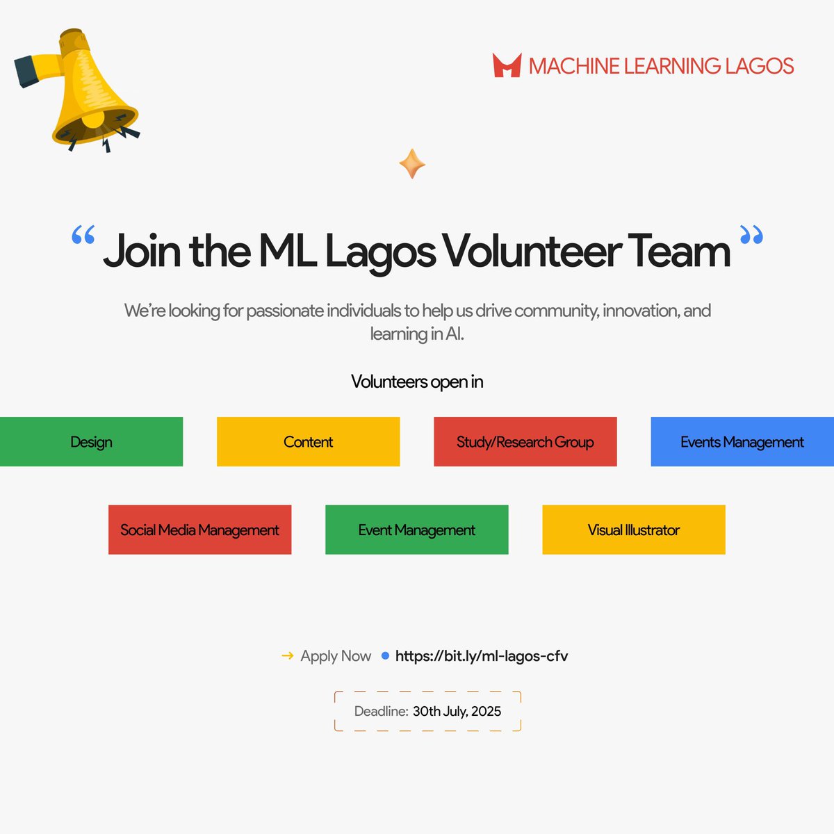 africvibecoders's tweet image. 🚀 @mlinlagos is recruiting volunteers at ML Lagos!
Want to grow your skills, build your network, and shape Africa’s AI future?
Apply now to volunteer with us in content, tech, events, or community.
Deadline - July 30th
👉🏽 bit.ly/ml-lagos-cfv
#MLLagos #Volunteer #Nigeria #dev