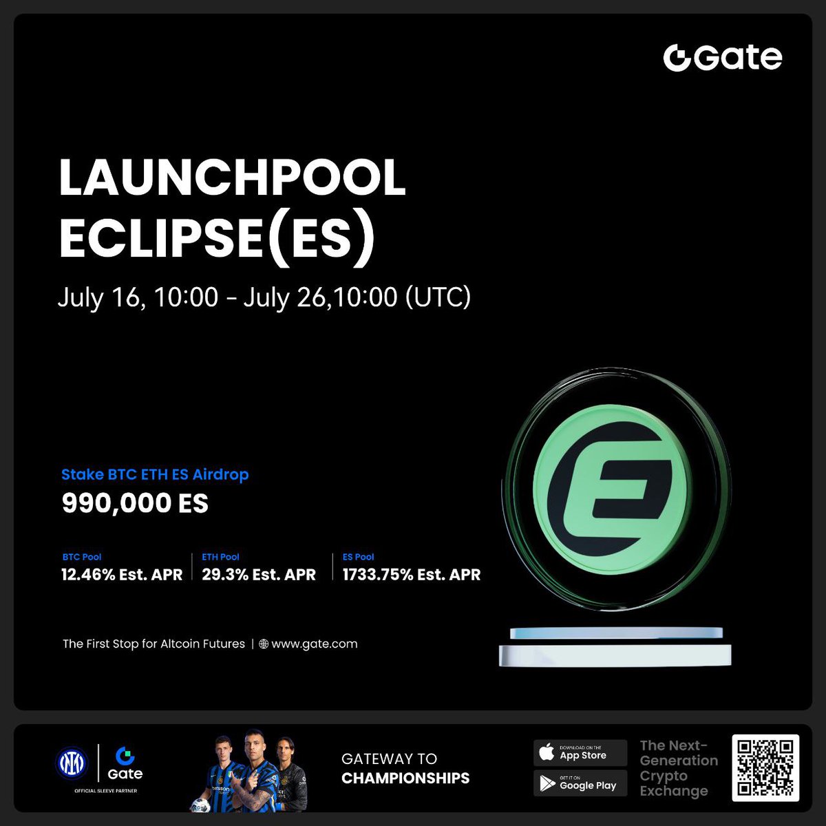 🥳Gate #Launchpool: Stake $BTC $ETH $ES để nhận 990.000 $ES

⏰- Thời gian staking: 17:00, ngày 16 tháng 7 - ngày 26 tháng 7 (UTC+7)

- Lãi suất APR ước tính cao nhất lên đến 1733,75%
- VIP được hưởng mức tăng giới hạn staking lên đến 500%
- Stake sớm, phần thưởng