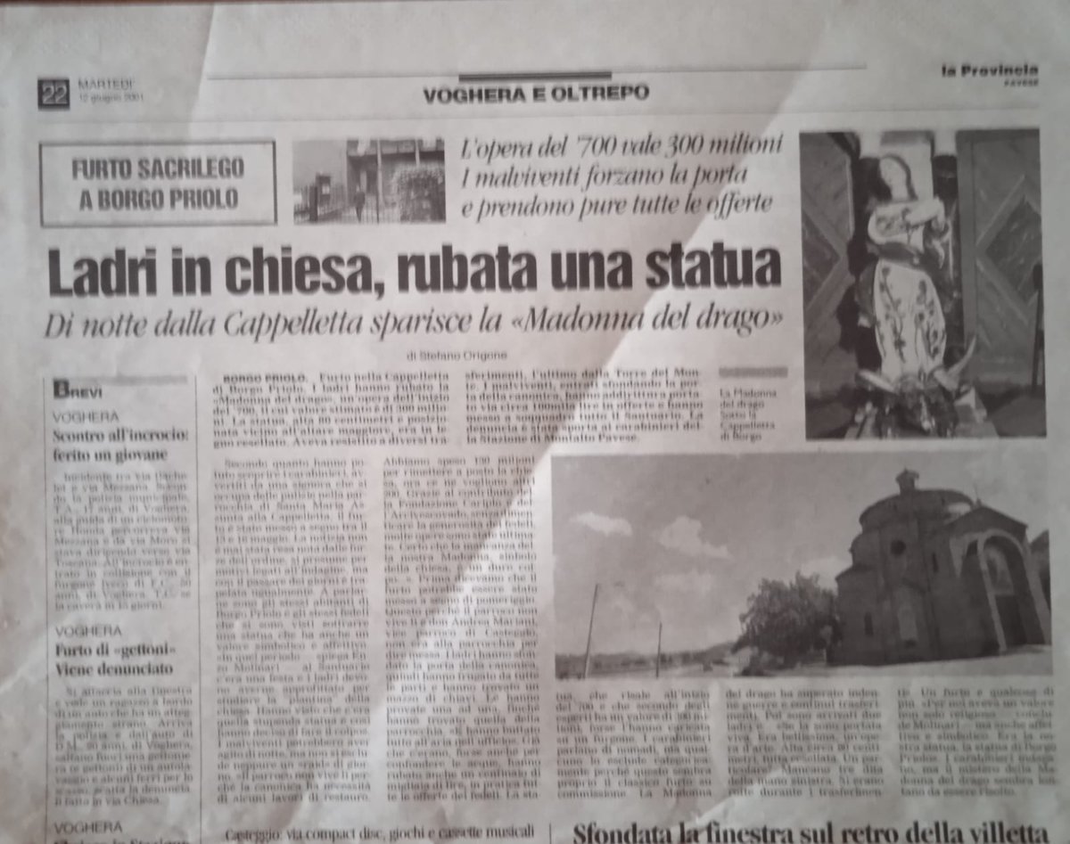 rinaldober4501's tweet image. 2001. Proseguono i furti sacrileghi di reliquie in provincia di Pavia. A Borgo Priolo viene rubata la "Madonna del Drago", opera di inizi '700 valore stimato 300 milioni di vecchie lire. Diamo atto che potrebbe non trattarsi di satanismo, tuttavia è notizia "di area"