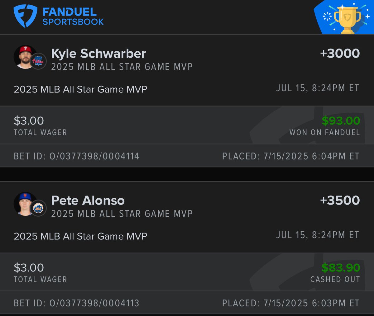 willyewunka29's tweet photo. @WeHitThose__9 @WeHitThose__9 Appreciate you!!! Cashed out early on Pete and won Kyle! All worked out 🔥 https://t.co/SJm2ECat8J