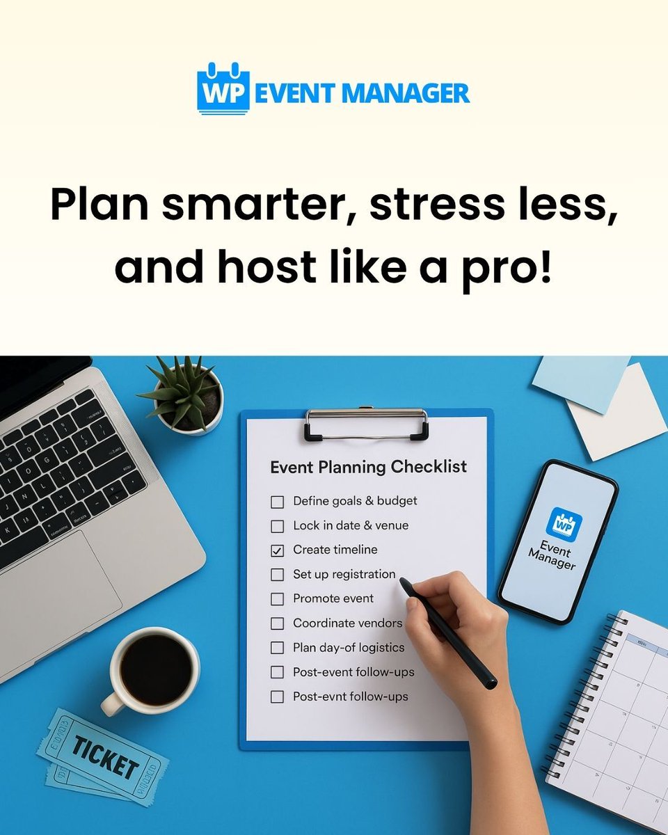 wp_eventmanager's tweet image. 🔥 Your ultimate event planning checklist!
From setting goals 🎯 to post-event follow-ups 📊 — plan, promote & execute like a pro with WP Event Manager.
Start ticking off success ✅
#EventPlanning #WPEventManager #EventChecklist #PlanLikeAPro
