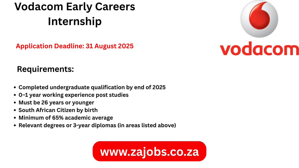 ZAJobBoard's tweet image. Vodacom Early Careers Programmes 2026
Vodacom is hiring graduates and interns for 2026.
Age: 26 or younger

B-Degree or 3-year Diploma
Deadline: 31 Aug 2025
Apply now via: zajobs.co.za
#VodacomCareers #GraduateProgrammes #Internships2026