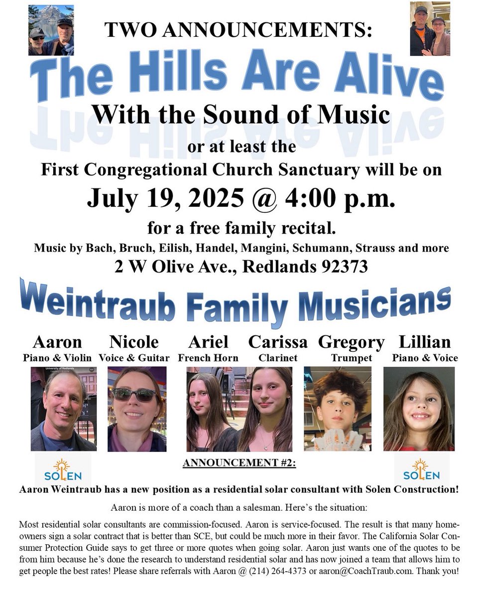 I don’t post on here often anymore, but this Saturday is an exciting day for my family.  Everyone is invited to a public recital we are giving in Redlands (CA). Lots of practice!