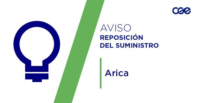 Informamos a nuestros clientes de los sectores Hernán Albretch, Mejido Fabres, Juan Antonio Ríos, 19 de Septiembre, Hernán Albretch, comuna de #Arica, la normalización del servicio. Verifica tus automáticos, si continúas sin energía, comunícate con tu número de cliente a nuestros