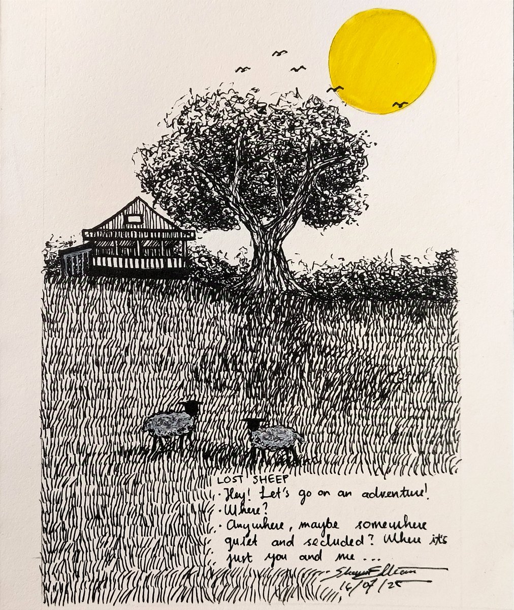 shawnellian's tweet image. Lost Sheep
- Hey! Let&apos;s go on an adventure!
• Where?
- Anywhere, maybe somewhere quiet and secluded? Where it&apos;s just you and me...

#art #traditionalart #sketchbook #pendrawing #inkdrawing #ruralart #rural #countryside #artcommunity