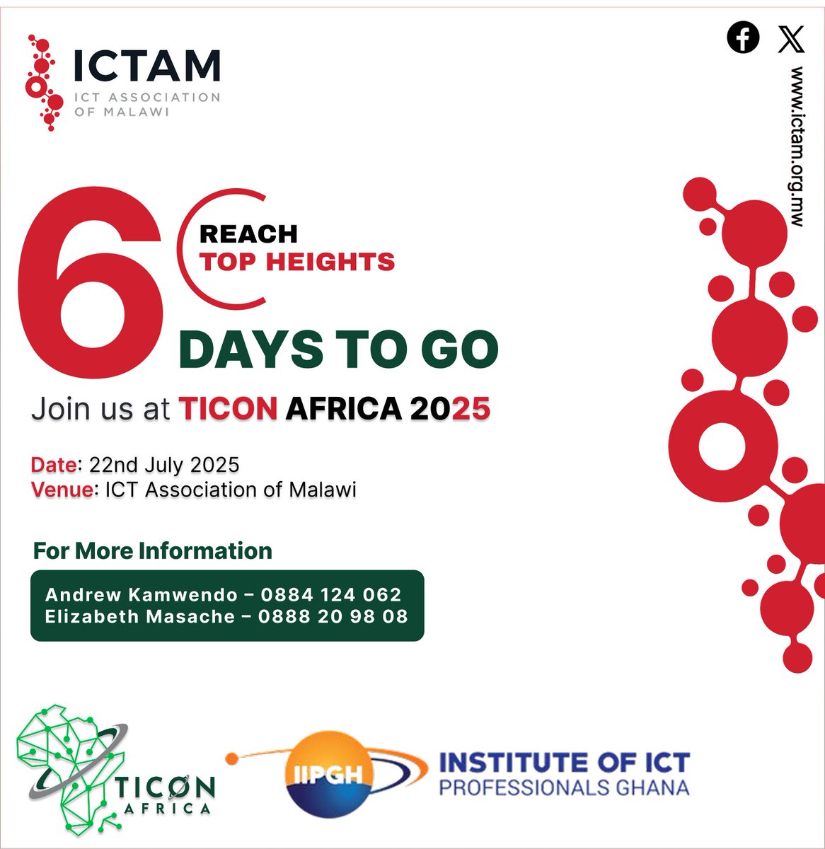 📢 Just 6 Days to Go!
Join us for TICON Africa 2025 at ICT Association of Malawi on 22nd July! 🚀
Let’s Reach Top Heights together in the ICT space.

📞 Andrew: 0884 124 062
📞 Elizabeth: 0888 20 98 08

#TICONAfrica2025 #ICTAM #AfricaTech #Innovation #Malawi