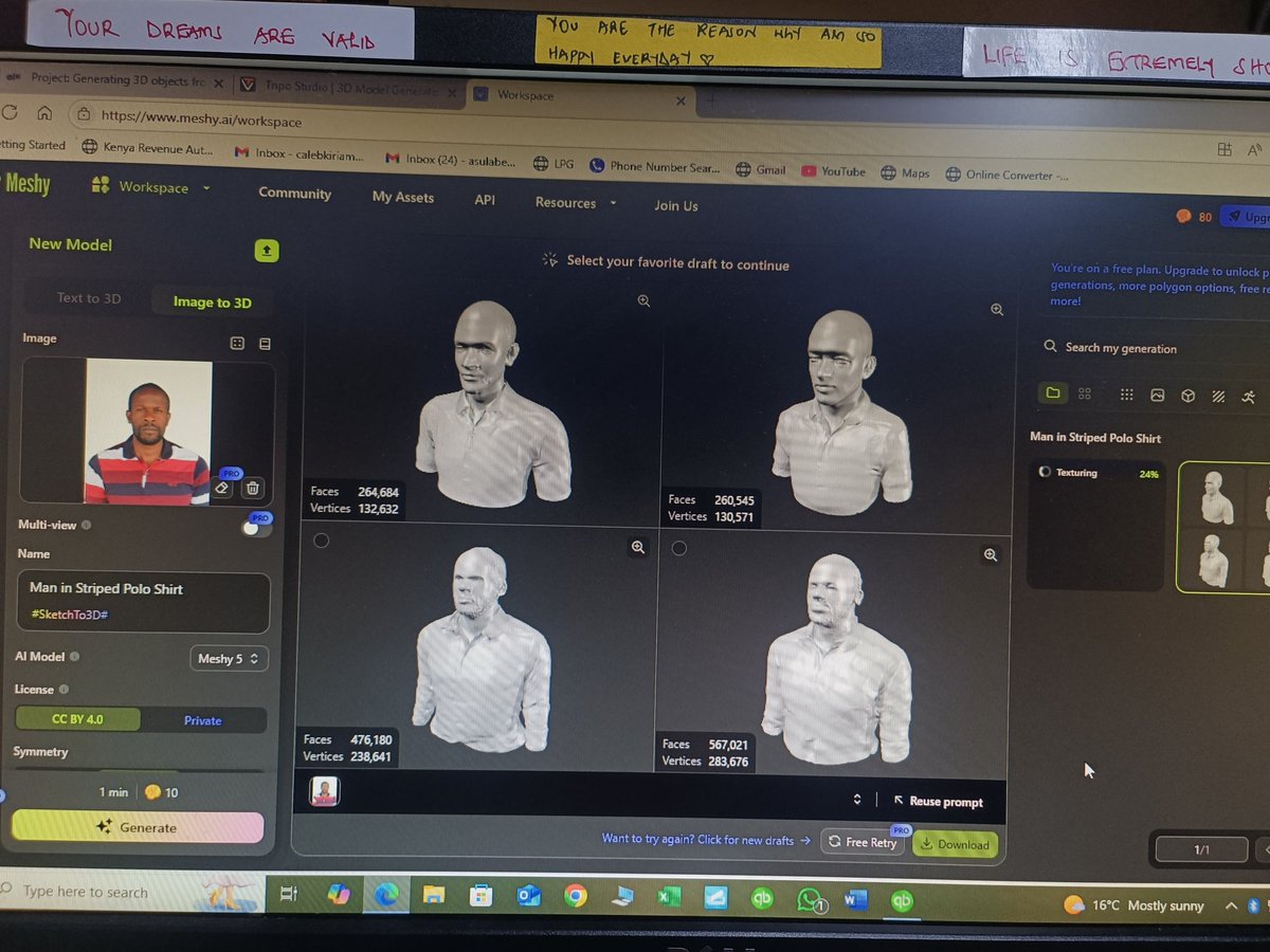 calebkiriama's tweet photo. Week 3, day 3. Generating 3D objects from text and image using Meshy and Tripo3D. All thanks to @alx_africa #ALX_AiSK @lowercase_life @jbarbier @kalibetre https://t.co/KOJi0yMDX3