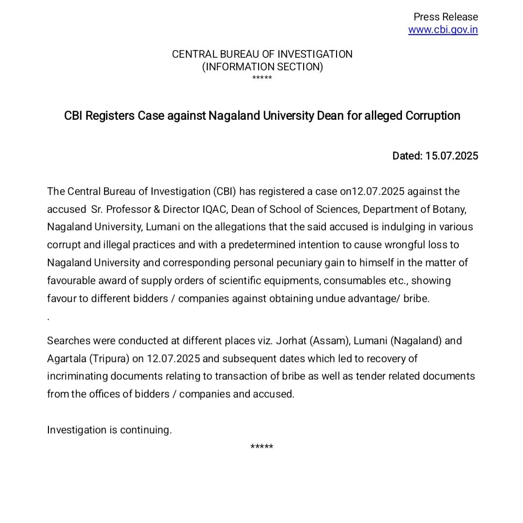 CBI Registers Case against Nagaland University Dean for alleged Corruption