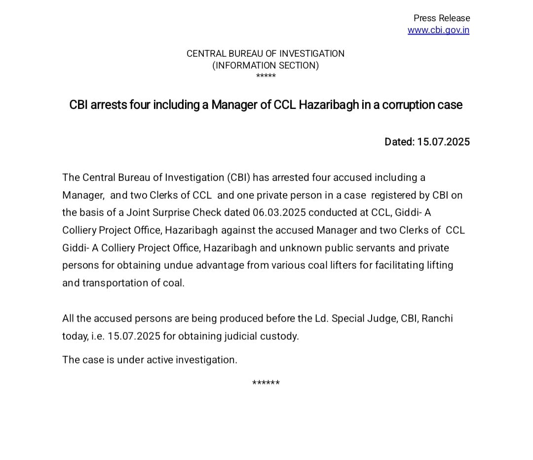 CBI arrests four including a Manager of CCL Hazaribagh in a corruption case