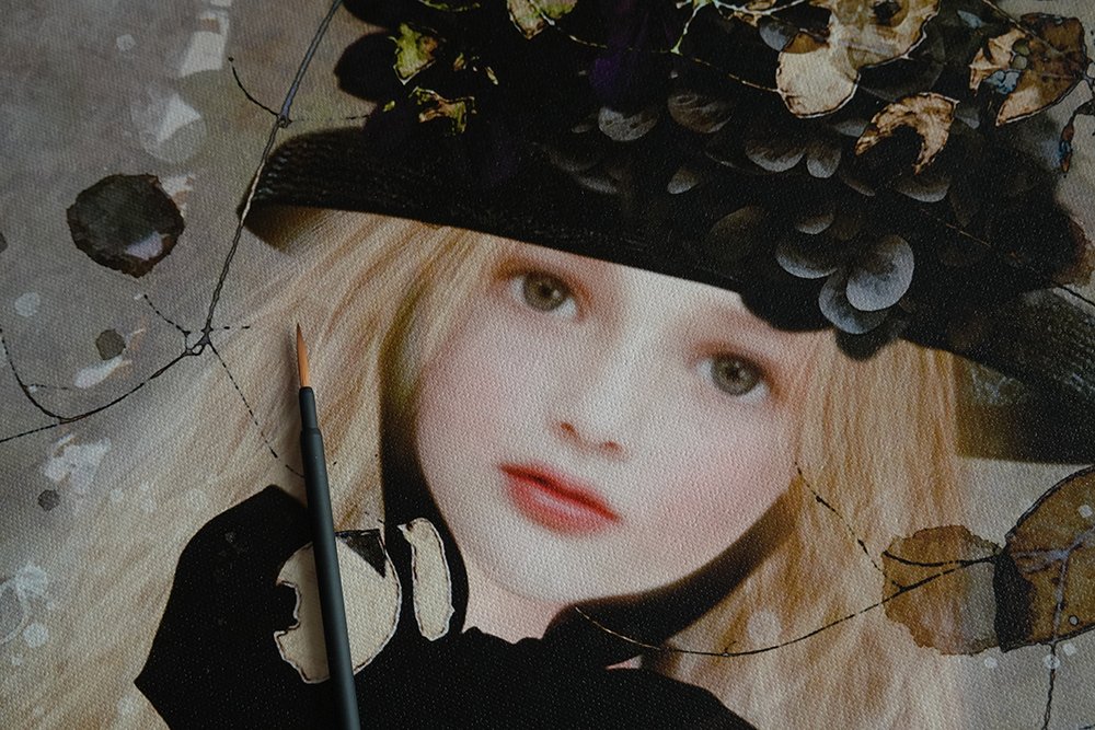 絵画　横田美晴作　「冬の草原で遊ぶ少女」 絵画 横田美晴作 「冬の草原で遊ぶ少女」