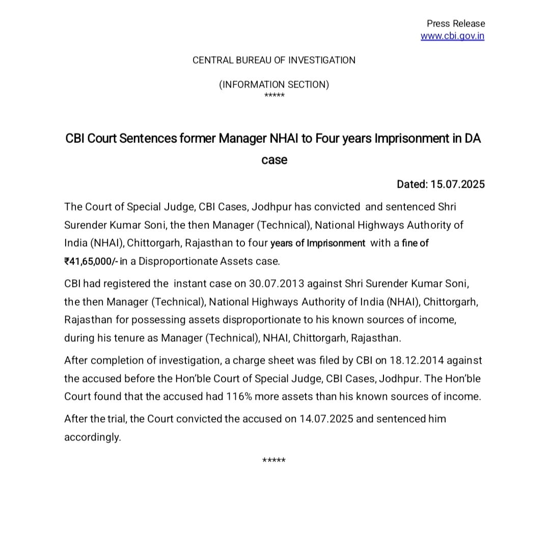 CBI Court Sentences former Manager NHAI to Four years Imprisonment in DA case