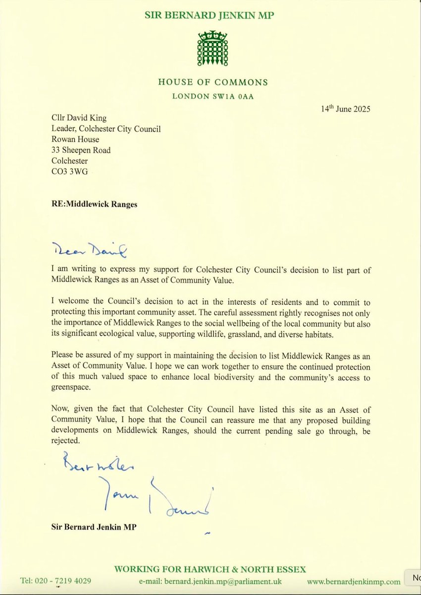 SaveRanges's tweet image. letter from @bernardjenkin to @yourcolchester leader David King regarding the asset of community value status granted to Middlewick ranges