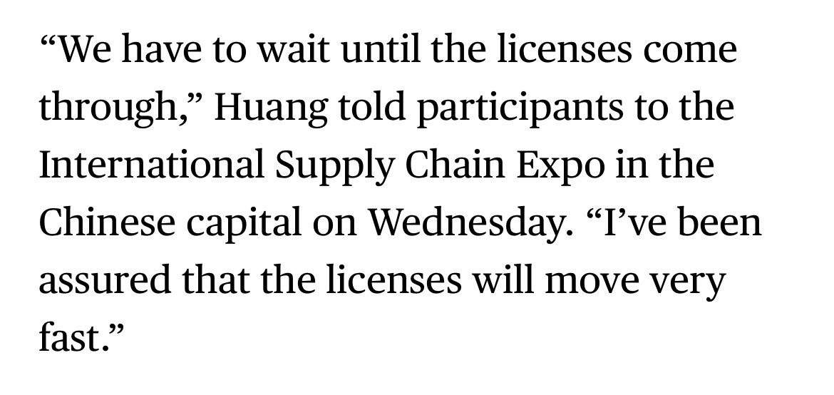 mackhawk's tweet image. Jensen says Nvidia hasn’t yet gotten any licenses to sell H20 chips in China but expects those approvals soon: bloomberg.com/news/articles/…
Still unclear what volume of approvals Nvidia (or AMD) will receive, as we wrote yesterday: bloomberg.com/news/articles/…