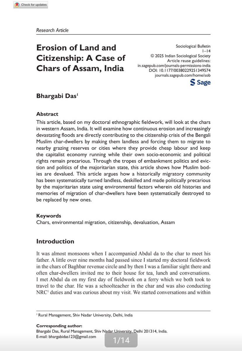 nagging_citizen's tweet image. Using tropes of #eviction &amp;amp; #embankment politics, I write on how the majoritarian state using env systematically turns Bengali Muslims in Assam landless, deskilled &amp;amp; pol precarious. Just published in the Sociological Bulletin @societyinsoso