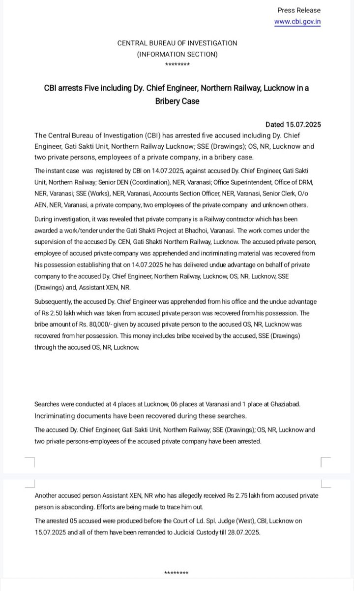 CBI arrests Five including Dy. Chief Engineer, Northern Railway, Lucknow in a Bribery Case