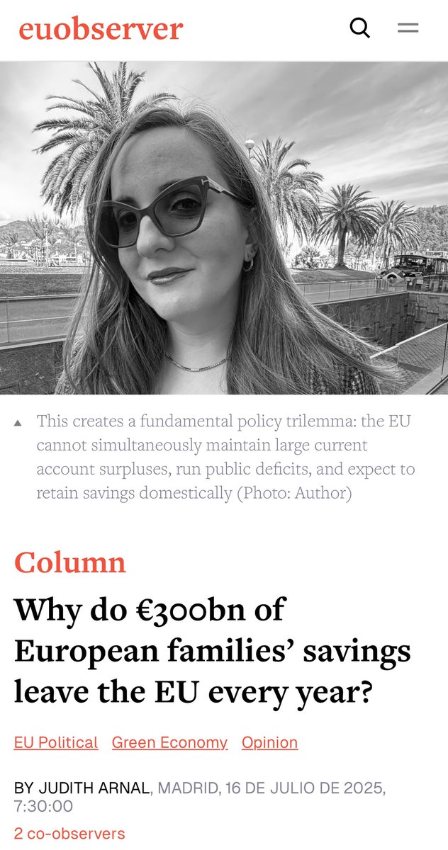 Judith Arnal (@judith_arnal) on Twitter photo Why do EUR 300 billion of European families’ savings leave the EU every year? My latest for <a href="/euobs/">EUobserver</a>
There are 2️⃣ main reasons:
1️⃣ Structural macroeconomic imbalances
2️⃣Underdevelopment of capital markets (and not so much fragmentation)
🧵with main ideas Why do EUR 300 billion of European families’ savings leave the EU every year? My latest for <a href="/euobs/">EUobserver</a>
There are 2️⃣ main reasons:
1️⃣ Structural macroeconomic imbalances
2️⃣Underdevelopment of capital markets (and not so much fragmentation)
🧵with main ideas