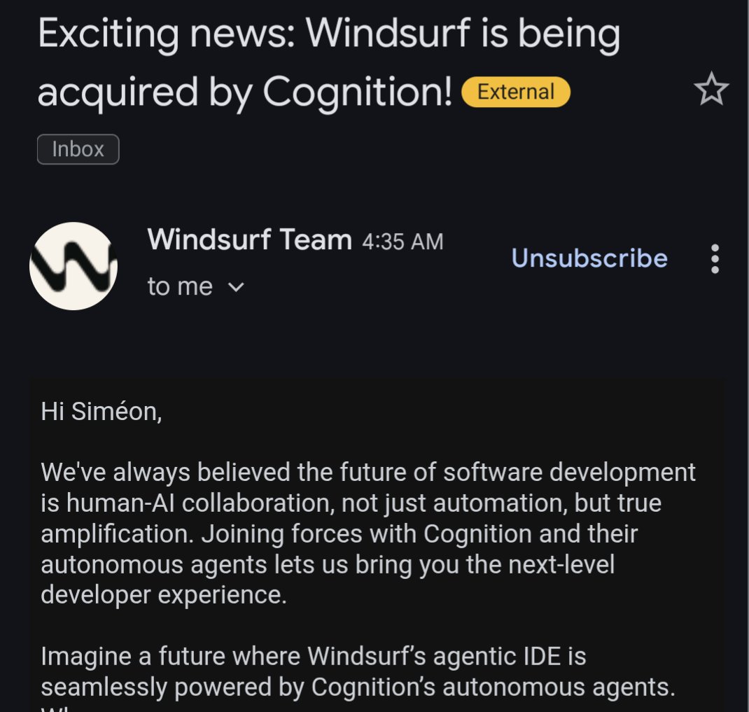 Simeon_Cps's tweet image. So, uh, what&apos;s the Windsurf deal? OpenAI pays the $3B, Google acqui-hires the founders and Cognition acquires the leftovers?