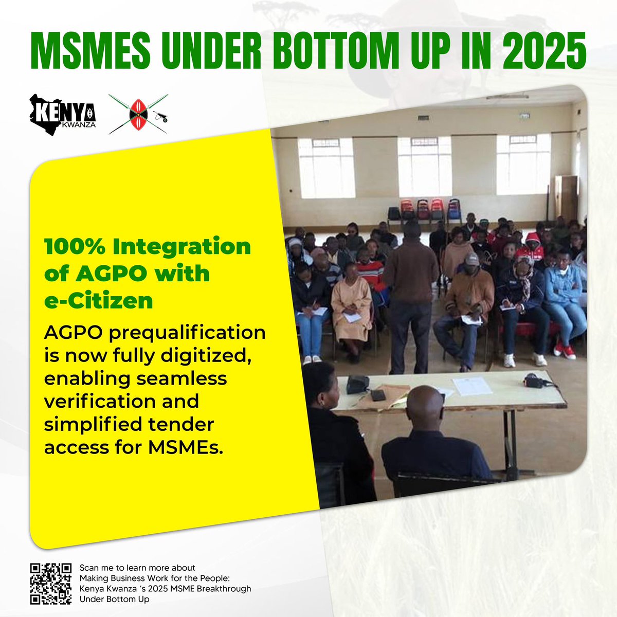 The 100% integration of the Access to Government Procurement Opportunities (AGPO) program with e-Citizen is aimed at digitizing the prequalification process to simplify tender access and streamline verification for Micro, Small, and Medium-sized Enterprises (MSMEs). This digital