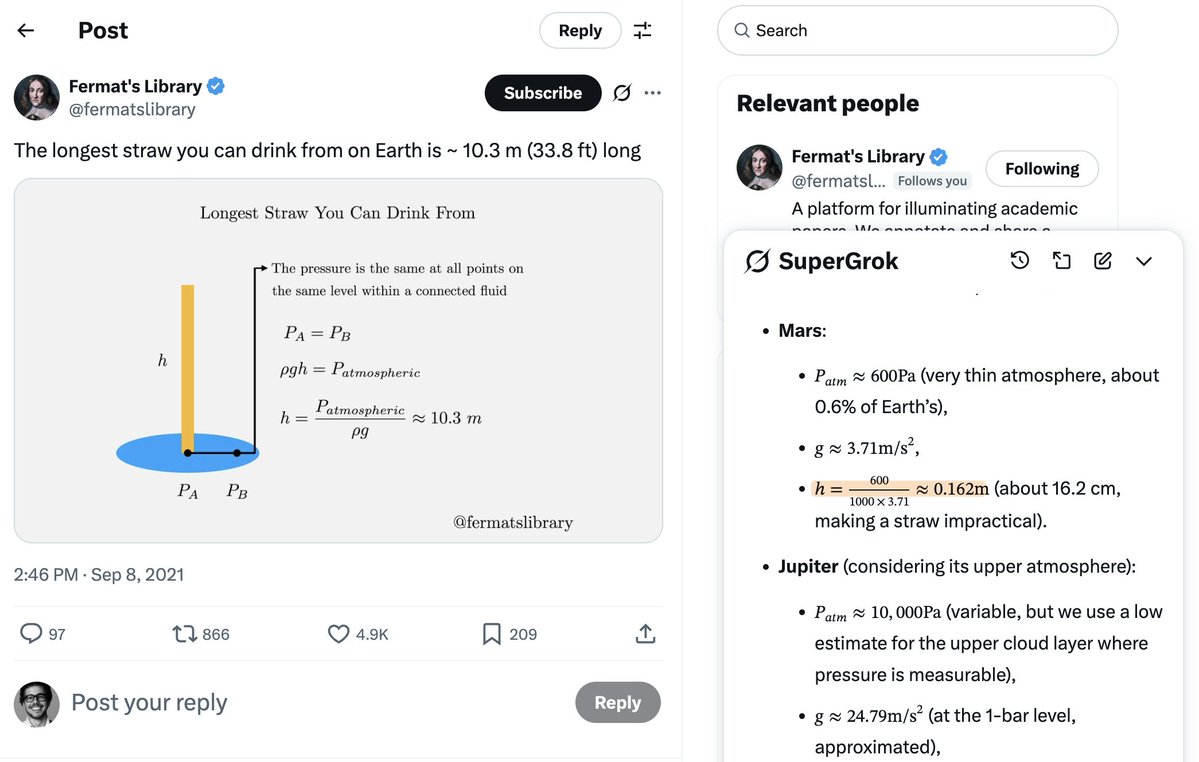 luismbat's tweet image. Grok in context is great for triggering curiosity rabbit holes from X posts.
Like: How long could a straw be on Mars? Just 16.2 cm - any longer and you can’t sip!