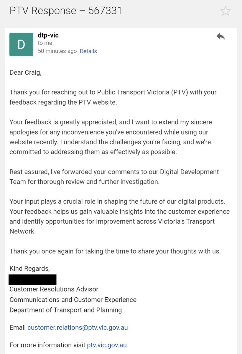 craig_halsall's tweet photo. @MelbOnTransit @CDCVictoria Nearly three weeks later, received a generic form letter reply from #PTV regarding #420bus #NightNetwork issues ππ€·ββοΈ
Response number doesn't match my case number either π€
Not exactly a response that instills confidence https://t.co/kpd9b2H1eH
