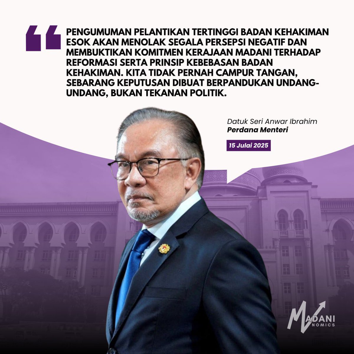 MadaniNomics's tweet image. MNNews 🌐Pelantikan Kehakiman: PM Anwar Tegas Tiada Campur Tangan Politik
Perdana Menteri @anwaribrahim memberi jaminan bahawa pelantikan tertinggi badan kehakiman yang akan diumumkan esok dibuat secara telus tanpa sebarang tekanan politik. Beliau menegaskan keputusan itu…